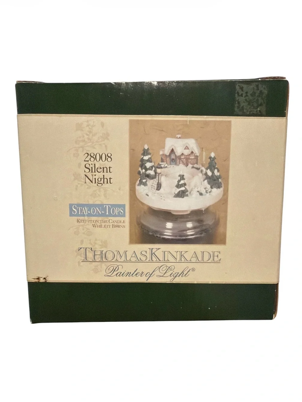 NIB Thomas Kinkade Silent Night Candle Topper Jar Lid 28008 Stay-On-Tops Vintage